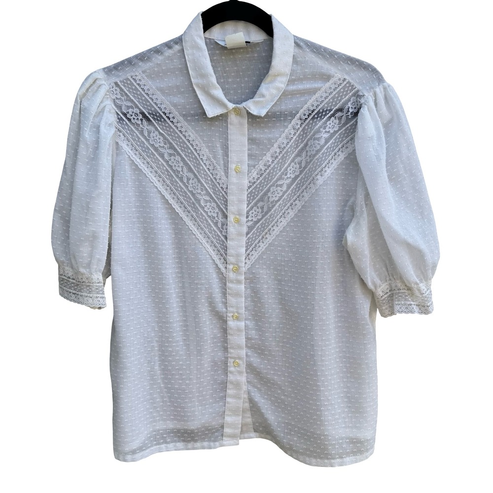 Alice Stuart Vintage Coquette White Swiss Dot Lace Puff Sleeve Blouse Victorian